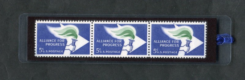 1963 ALLIANCE FOR PROG. LAMINATED BOOKMARK MADE W/REAL U.S. STAMPS NEW! #1234