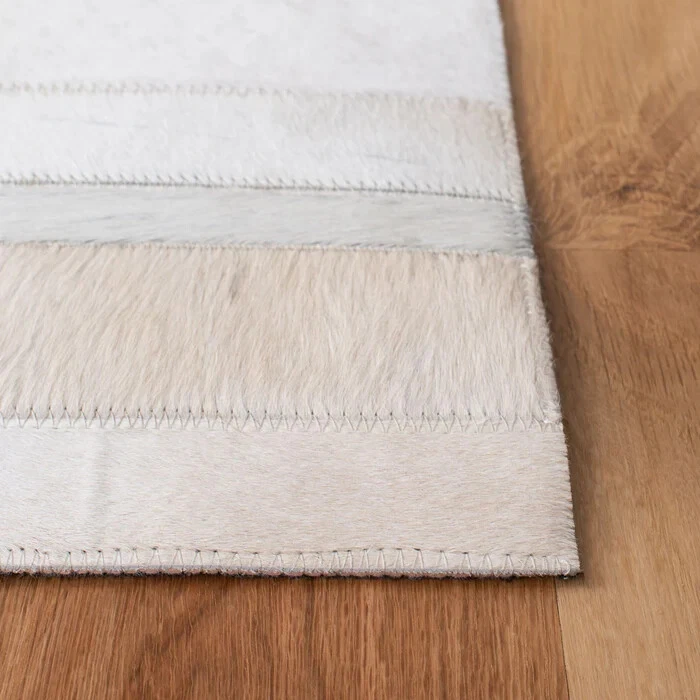 Natural Cowhide Leather Rug Hair On White Patchwork with Lengthwise Stripe Rug - Image 2 of 4