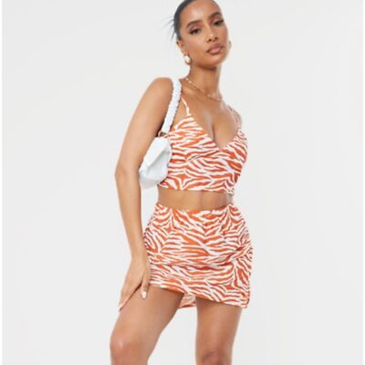 PrettyLittleThing Orange and White Zebra Matching Top and Skirt Set