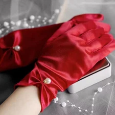 White Satin Silk Gloves Pearl Bow Wedding Dress Gloves Bridal Gloves Elegant ✨ ~