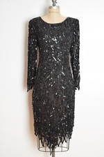 vintage 80s dress black silk sequin beaded feathers flapper party prom dress M