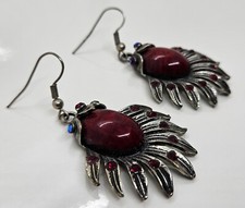 Vintage Red Lucite Metal Rhinestone Earrings Pierced Drop Dangle Design 2"