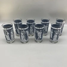 Vintage Wedgwood Blue White Drinking Glasses 10 oz Jeanette Roman Greek Women 8