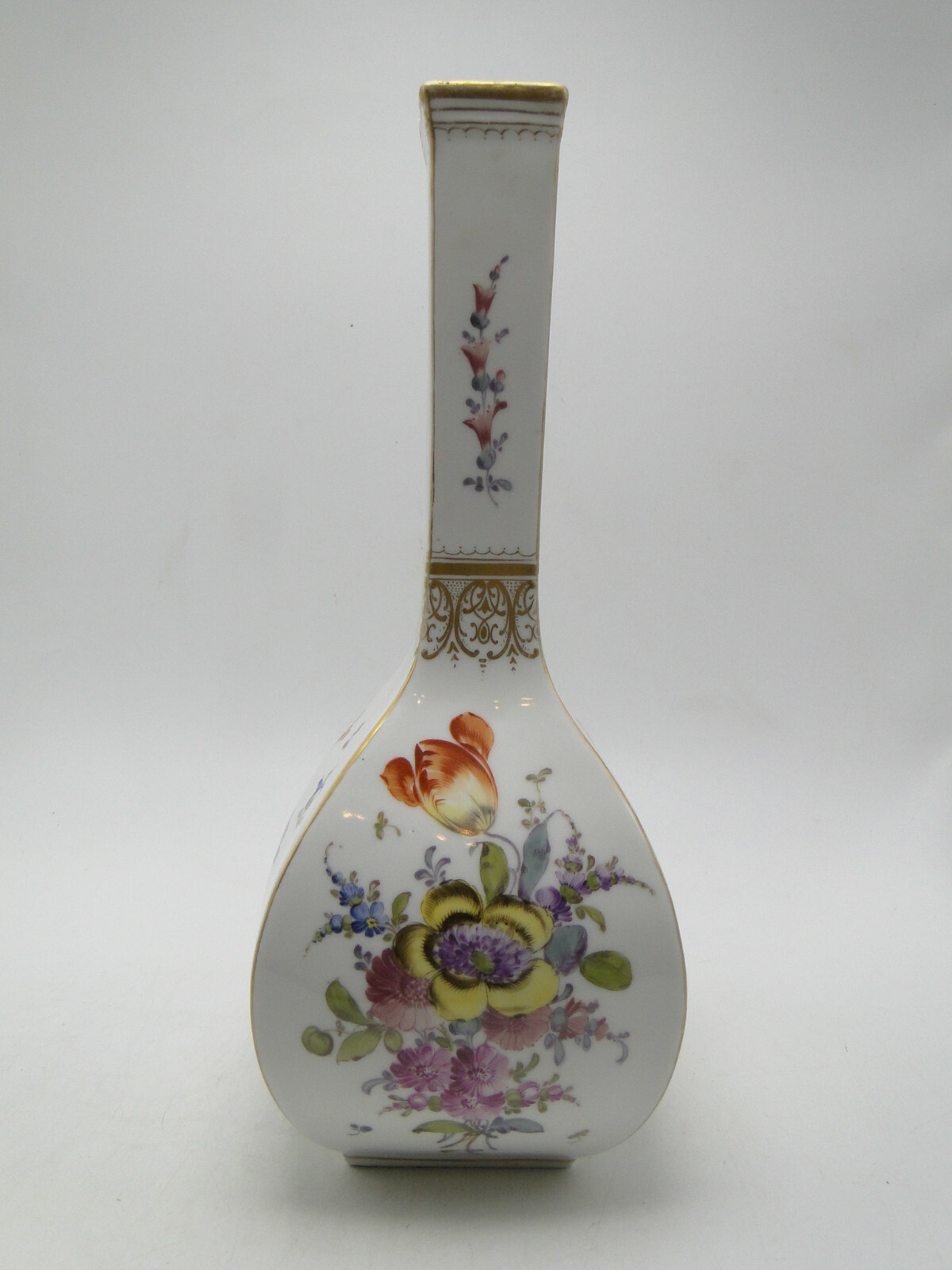 Antique Dresden Vase 12¼in Hand Painted Floral gold trimmed porcleain
