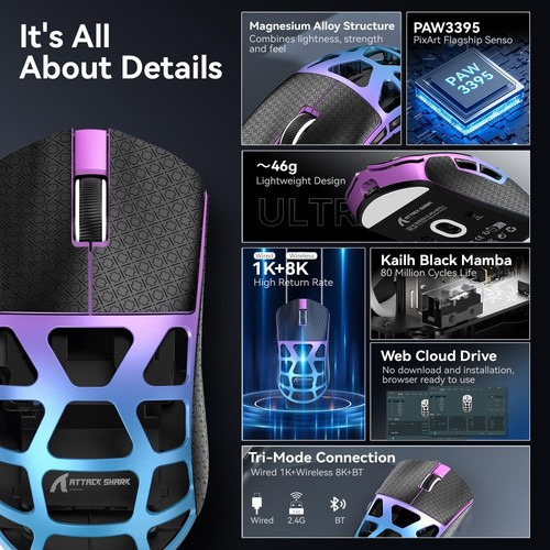 ATTACK SHARK R3 46g Magnesium Alloy Mouse, PixArt PAW3395 BT/2.4G/Wired,26000DPI - Picture 51 of 64