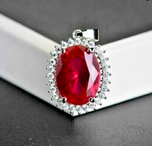 3Ct Oval Cut Red Ruby Halo Womens Pendant 14K White Gold Plated 18" Free Chain - Picture 2 of 6