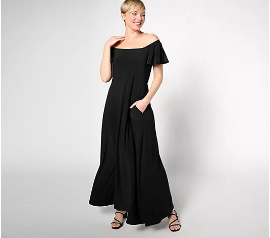 Attitudes by Renee Como Jersey Flutter Sleeve Maxi Dress-Black-XL
