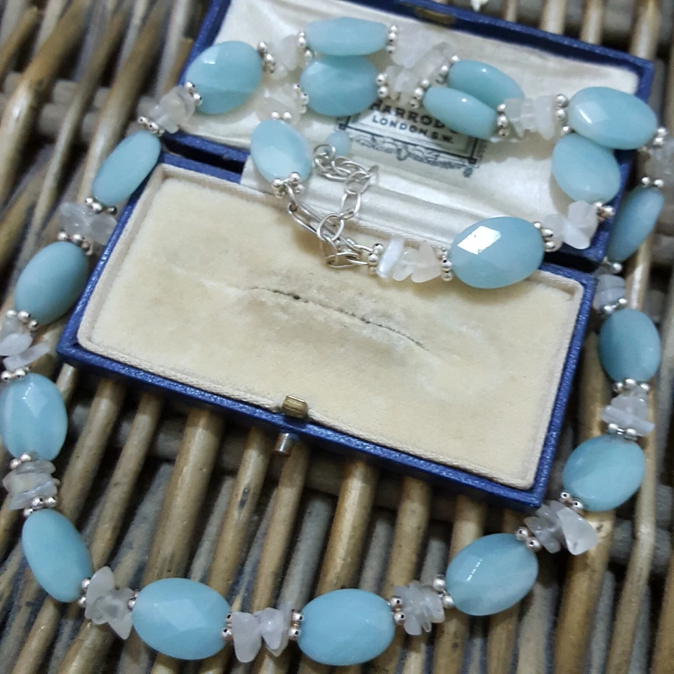 Ожерелье из стерлингового серебра 925 пробы с регулируемой цепочкой из натурального аквамарина и лунного камня QVC - Изображение 2 из 4