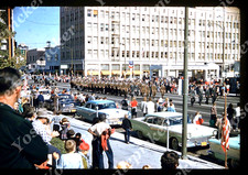 Sl87 Original Slide 1958 Kodachrome street parade cars Standard gas station 660a