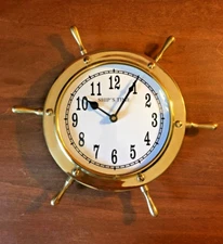 Quartz Wall Clock Nautical Ship's Time 11" round Brass Ships Wheel Helm Clock