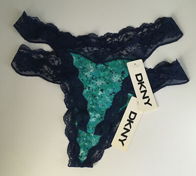 DKNY Womens Stretch Blue Multicolor Cotton Lace Thong Panties M (2 Pr) NWT AD12