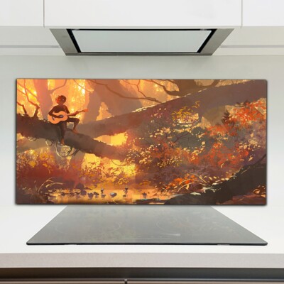 Mann mit Gitarre auf dem Baum Herbst  Küchenrückwand Spritzschutz Glas 120x60