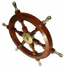 Wooden SHIP WHEEL 24 Inch Wall Decor Vintage Brown Brass Nautical Collectible