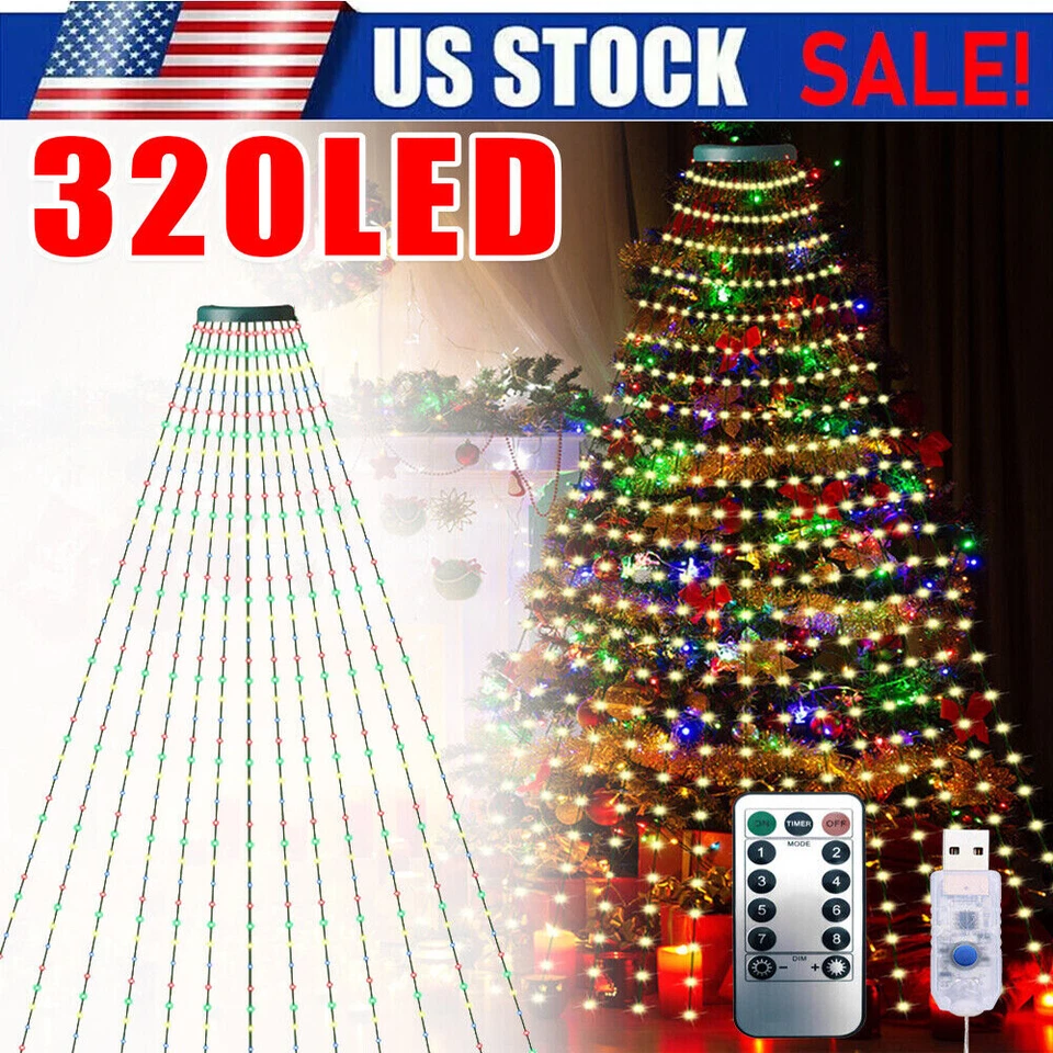 320LED Christmas Tree Waterfall Lights Fairy String Outdoor Waterproof Decor RGB - Image 2 of 4