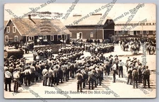 Antique RPPC 1914 large lines men outside factory? Lynn MA Real Photo Postcard