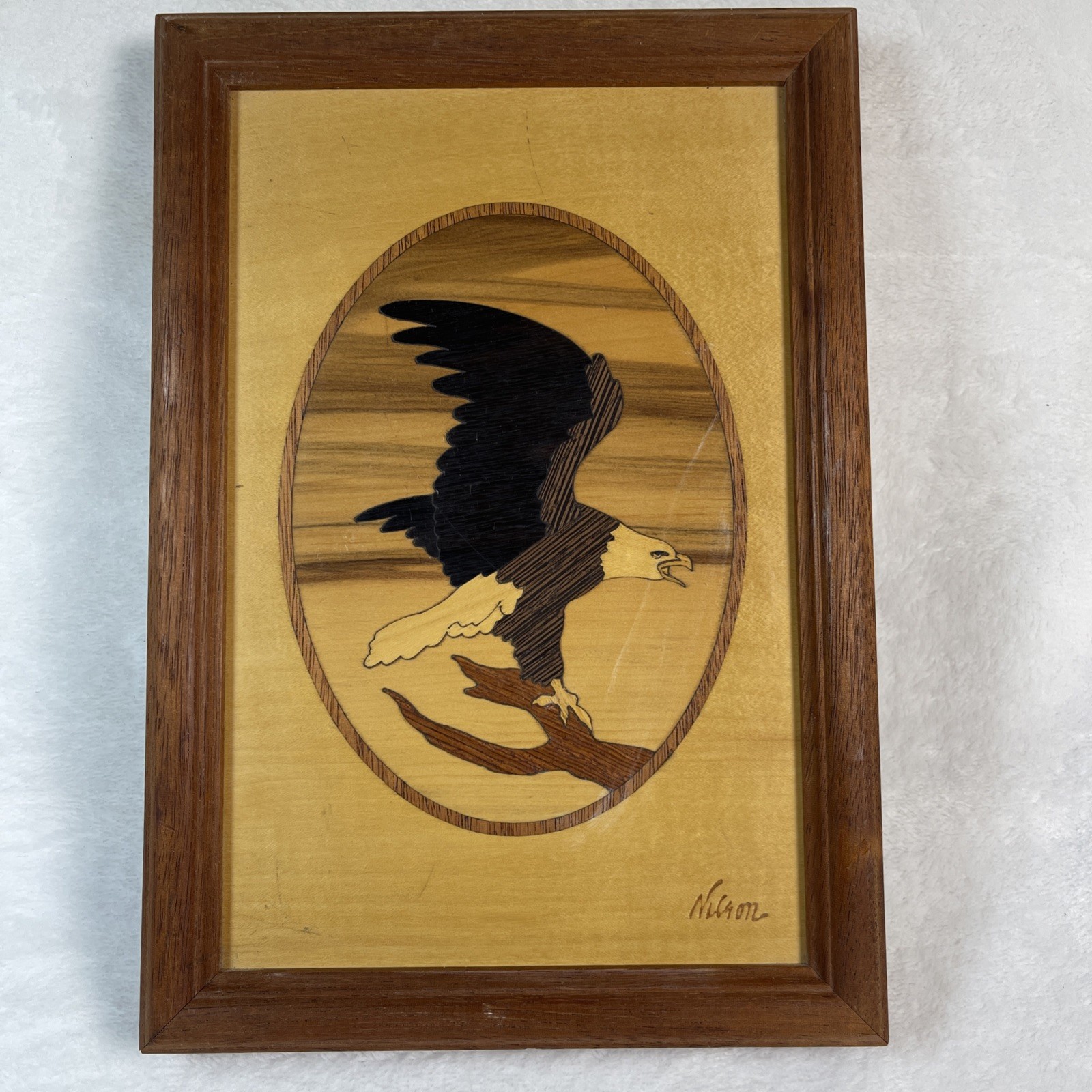 Jeff Nelson Hudson River Inlay Bald Eagle Marquetry Wood Art 9.75