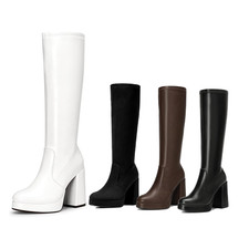 Womens Knee High Gogo Boots Platform Chunky High Heel Zip Up Fashion Shoes