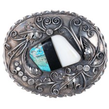 Huge JB 70's-80's Vintage Navajo sterling silver inlaid belt buckle turquoise