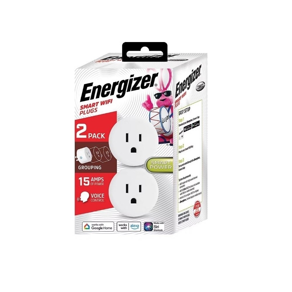 Energizer Smart WiFi Plug 2 Pack Indoor Alexa Google Remote Control White