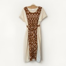 J Jill Pure Jill, Large, Ikat Dress Linen Cotton Natural Midi Neutral Belted
