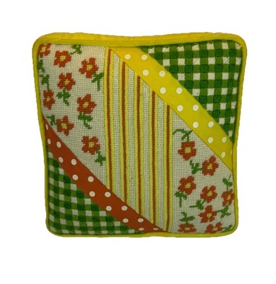 Vintage Needlepoint Pillow 70s Floral Velvet Accent Handmade Zip Close 9x9