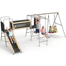 5 in 1 Swing Set with Slide Monkey Bars Galvanized Backyard Kids Outdoor Tunnel