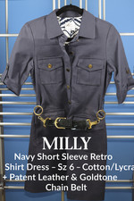 NWOT Original MILLY NY Navy Retro Shirt Dress w/ Gold Chain  Leather Belt Sz 6