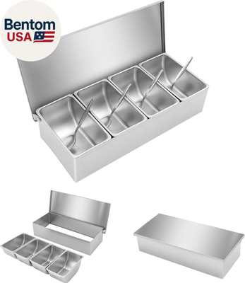 #ad Pizza Topping Station W 4 Pans Spoons amp; Lid Stainless Steel Condiment Seasonin $55.71