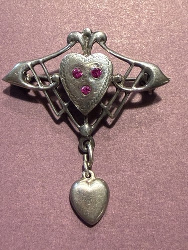 VTG Art Nouveau Arts & Crafts Sterling Silver Heart Brooch / mini dangling heart