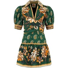 Farm Rio Womens Ayla Green Short Puff Sleeve A-Line Collared Cotton Mini Dress