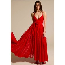 Red Lace Maxi Prom Dress Deep V Ruffle Sash Necklace Tie Party Formal Sold Out