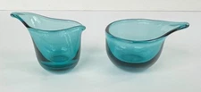 Vintage VIPSTJERT 1950 HOLMEGAARD  Teal Blue Glass Creamer & Sugar Per LUTKEN