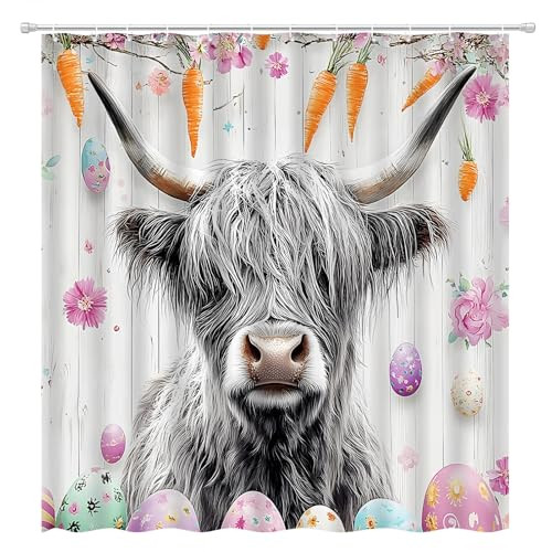 Ostern Hochland Kuh Duschvorhang süße bunte Eier lustig Bauernhaus Tier  - Bild 1 von 6