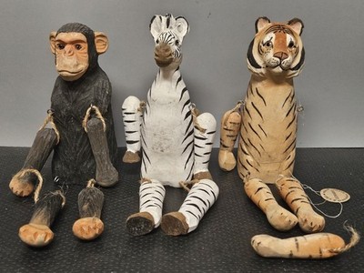 3 Wooden Shelf Sitter Animals- Zebra, Tiger And Chimpanzee **Damaged READ**