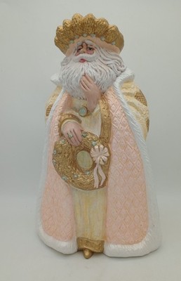 Plaster of Paris Santa Claus Figurine Gold Pink Wreath Decor 15''