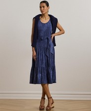 Lauren Ralph Lauren Print Belted Slub Jersey Dress Blue Multi L