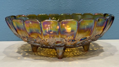VTG Indiana Iridescent Carnival Glass Fruit Bowl Oval Harvest Grape Amber Footed
