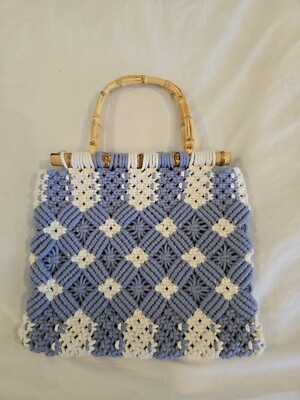 Zara Bag Macrame Crochet Purse Blue & White With Bamboo Handles Very Good Cond 