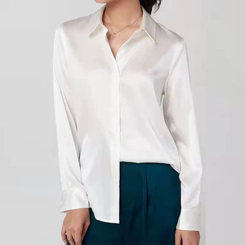 Damen Seiden Hemd Glänzend Satin Bluse Langarm Büro Oberteil Knopfleiste Business - Bild 6 von 15