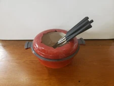 SWISSMAR  Orange Cast Iron Enamel Fondue Pot + 6 forks