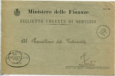 REGNO, MIN. FINANZE, BIGLIETTO URGENTE SERVIZIO, DA RIMINI, DIC 1926      m