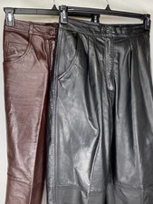 2 VTG 80s Genuine Leather Pants Acetate Lined High Rise Pleated Black Flat Brown