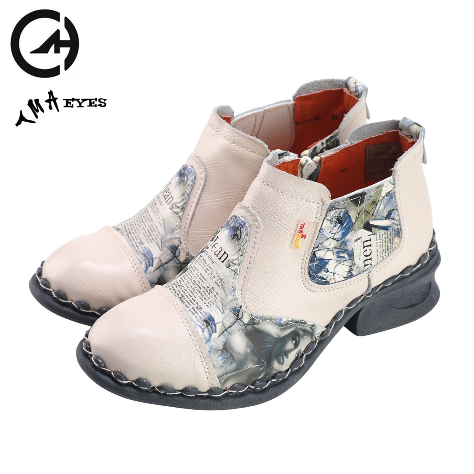 TMA EYES Women's Leather Ankle Booties Red Soft Sole Casual Shoes With Patchwork