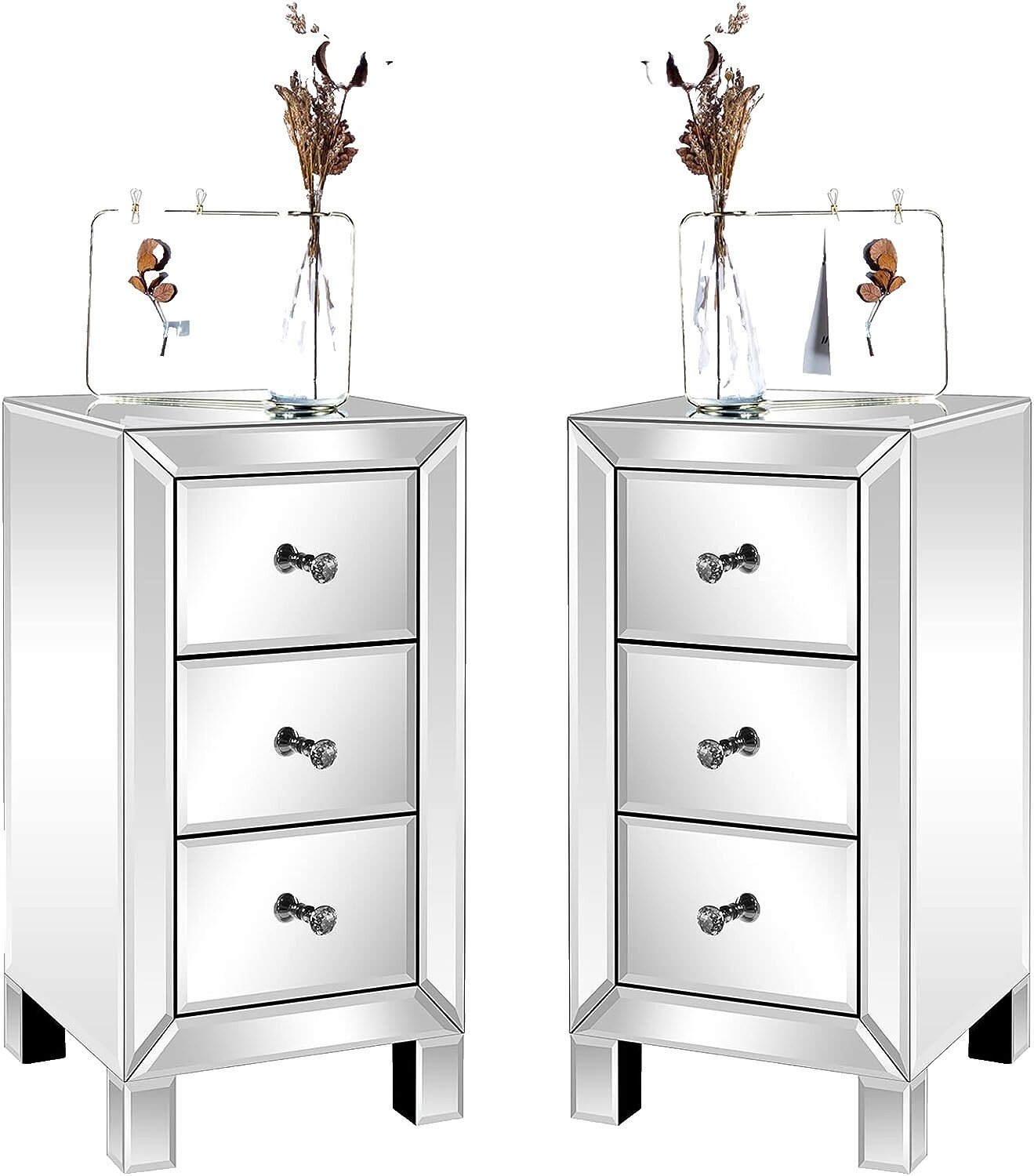 Nightstand Mirrored Bedside Table Accent Side Table Mirror Finished 2 Drawers