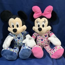 Disney Plush Pair Mickey & Minnie Pajamas Bedtime Sleep Just Play Rare Blue Pink