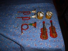 Christmas Ornament 7 Musical Instruments Horns Drums Guitars are 4 1/8" L Metal