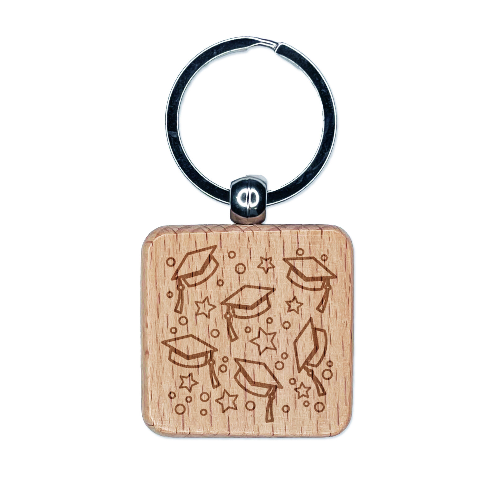 Graduation Caps Repeating Pattern Engraved Wood Square Keychain Tag Charm