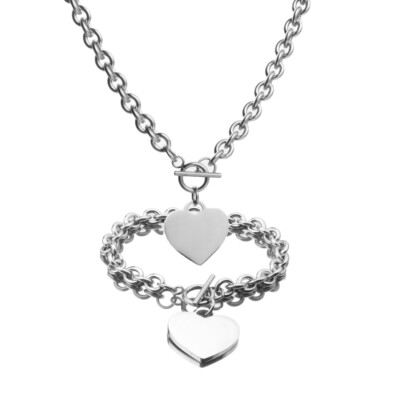 Womens Jewelry Stainless Steel Chain Love Heart Toggle Bracelet Necklace Set