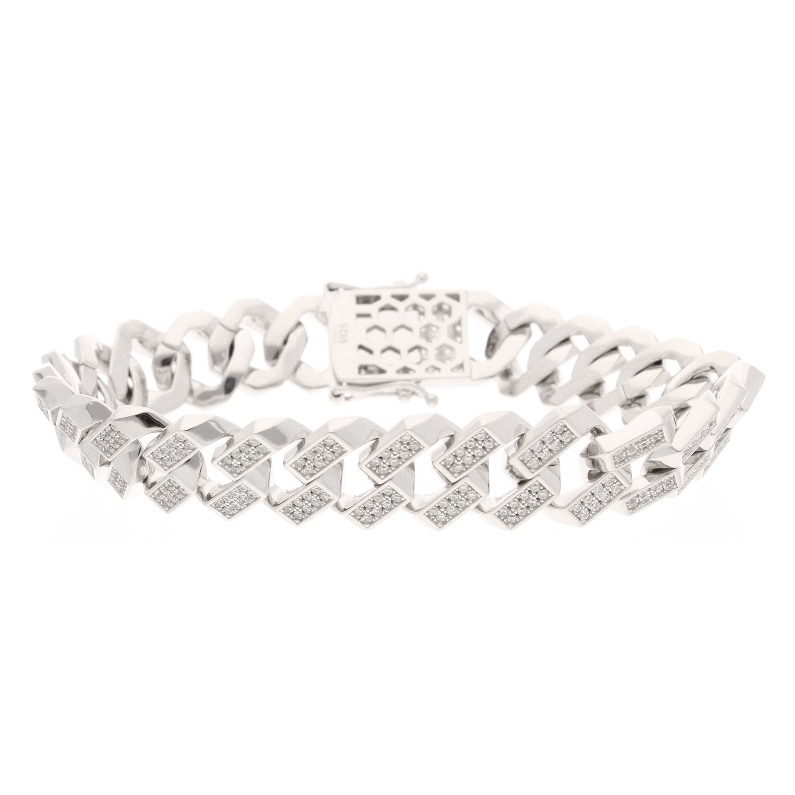 New! Sterling Silver 8.75"" Simulated Diamond Square Curb Bracelet (14mm Wide)