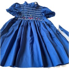 Vintage Polly Flinders Blue Smocked Girls 6X Dress With Embroidered Cherrys